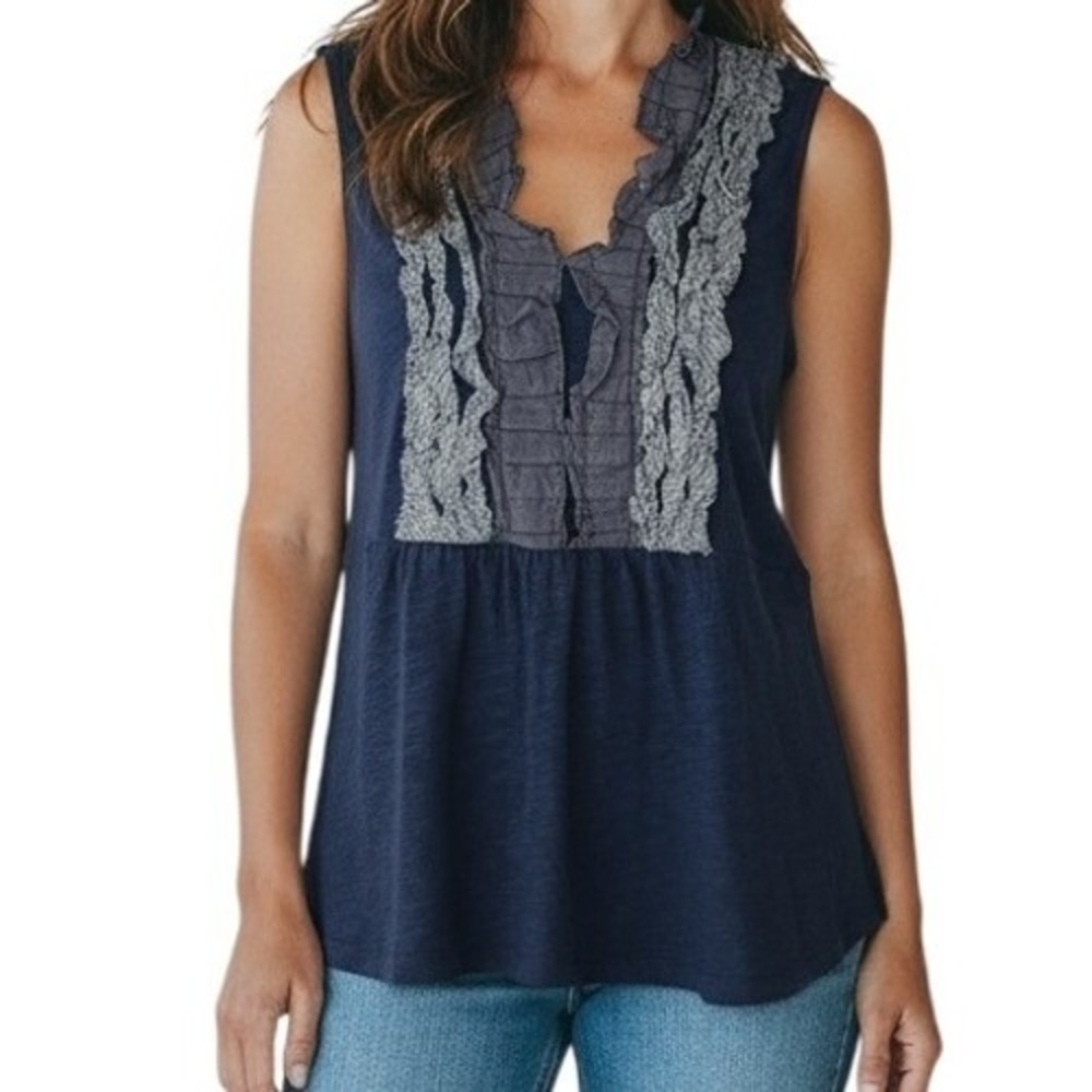 ANTHROPOLOGIE DELETTA Y2K Blue Gray Sleeveless Ruffle Front V-Neck Top Small